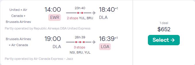 Cheap flights from New York to Douala, Cameroon for only $652 roundtrip with Air Canada and Brussels Airlines. Flight deal ticket image.