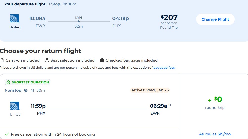 Cheap flights from New York to Phoenix, Arizona for just $207 roundtrip with United Airlines.  It also works the other way around.  Flight offer ticket image.