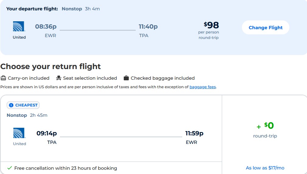 Non-stop flights from New York to Tampa, Florida for only $98 roundtrip with United Airlines. Also works in reverse. Flight deal ticket image.