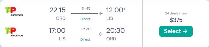 Click here to book this cheap flight deal. Non-stop flights from Chicago to Lisbon, Portugal for only $375 roundtrip with TAP Air Portugal. Flight deal ticket image.