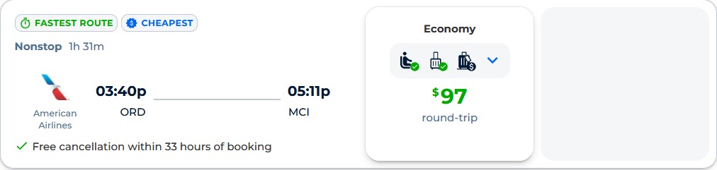 Non-stop flights from Chicago to Kansas City for only $97 roundtrip with American Airlines. Also works in reverse. Flight deal ticket image.