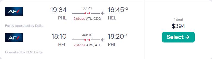 Cheap flights from Philadelphia to Helsinki, Finland for only $394 roundtrip with Delta Air Lines, Air France and KLM. Flight deal ticket image.