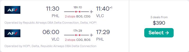 Click here to book this cheap flight deal. Cheap flights from Philadelphia to Valencia, Spain for only $390 roundtrip with Air France and Delta Air Lines. Flight deal ticket image.