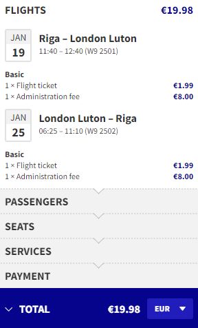 Non-stop flights from Riga, Latvia to London, UK for only €19 roundtrip. Flight deal ticket image.
