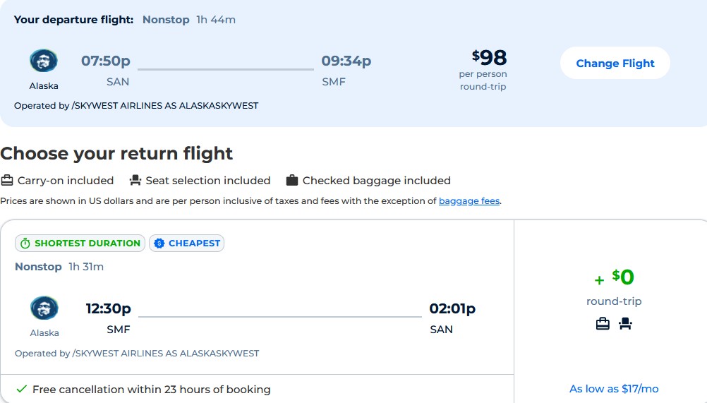Direct flights from San Diego to Sacramento, California for just $98 roundtrip with Alaska Airlines.  It also works the other way around.  Flight offer ticket image.