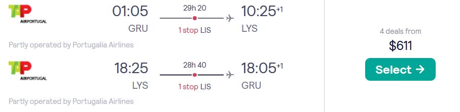 Cheap flights from Sao Paulo, Brazil to Lyon, France for only $611 USD roundtrip with TAP Air Portugal. Flight deal ticket image.