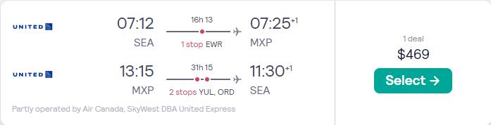 Click here to book this cheap flight deal. Cheap flights from Seattle to Milan, Italy or London, UK from only $469 roundtrip with United Airlines and Air Canada. Flight deal ticket image.