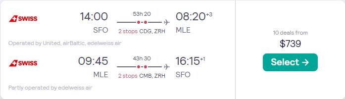 Cheap flights from San Francisco to the Maldives for only $739 roundtrip with United Airlines and Swiss International Air Lines. Flight deal ticket image.