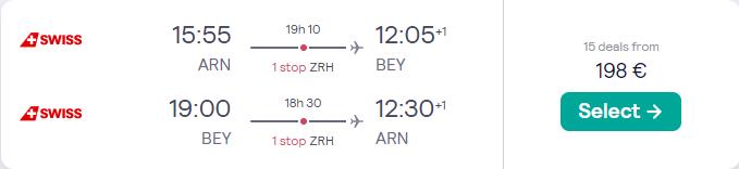 Cheap flights from Stockholm, Sweden to Beirut, Lebanon for only €198 roundtrip with Swiss International Air Lines. Flight deal ticket image.