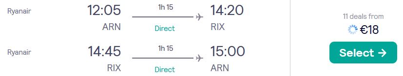Non-stop flights from Stockholm, Sweden to Riga, Latvia for only €18 roundtrip. Flight deal ticket image.