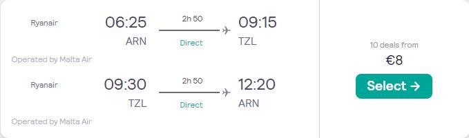 Non-stop flights from Stockholm, Sweden to Tuzla, Bosnia and Herzegovina for only €8 roundtrip. Flight deal ticket image.