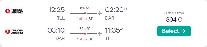 Click here to book this cheap flight deal. Cheap flights from Tallinn, Estonia to Dar Es Salaam, Tanzania for only €394 roundtrip with Turkish Airlines. Flight deal ticket image.
