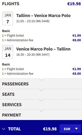 Non-stop flights from Tallinn, Estonia to Venice, Italy for only € roundtrip. Flight deal ticket image.