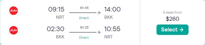 Non-stop flights from Tokyo, Japan to Bangkok, Thailand for only $260 USD roundtrip. Flight deal ticket image.