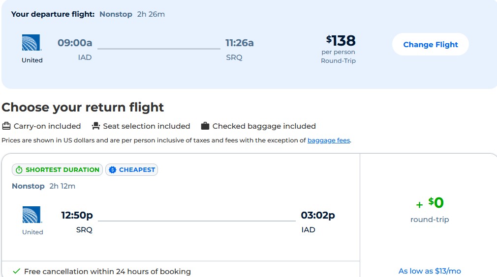 Click here to book this cheap flight deal. Non-stop flights from Washington DC to Sarasota, Florida for only $138 roundtrip with United Airlines. Also works in reverse. Flight deal ticket image.