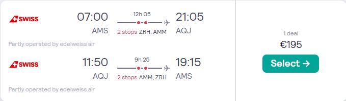 Cheap flights from Amsterdam, Netherlands to Aqaba, Jordan for only €195 roundtrip with Swiss International Air Lines. Flight deal ticket image.