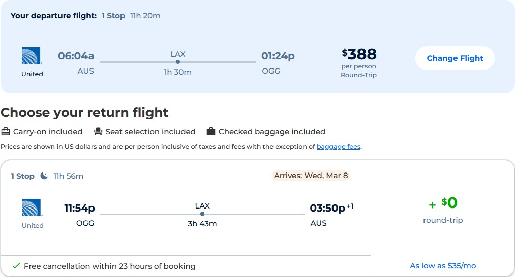 Cheap flights from Austin, Texas to Kahului, Hawaii for only $388 roundtrip with United Airlines. Also works in reverse. Flight deal ticket image.