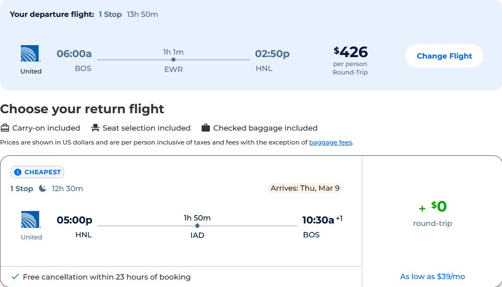 Cheap flights from Boston to Honolulu, Hawaii for only $426 roundtrip with United Airlines. Also works in reverse. Flight deal ticket image.