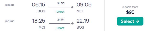 Non-stop flights from Boston to Kansas City for only $95 roundtrip with JetBlue. Also works in reverse. Flight deal ticket image.