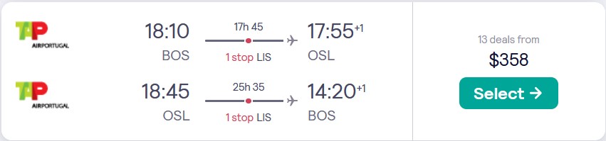Cheap flights from Boston to Oslo, Norway for only $358 roundtrip with TAP Air Portugal. Flight deal ticket image.