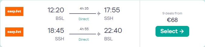 Click here to book this cheap flight deal. Non-stop flights from Basel, Switzerland to Sharm el Sheikh, Egypt for only €68 roundtrip. Flight deal ticket image.