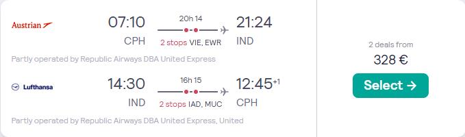 Cheap flights from Copenhagen, Denmark to Indianapolis, USA for only €328 roundtrip with Austrian Airlines, United Airlines and Lufthansa. Flight deal ticket image.