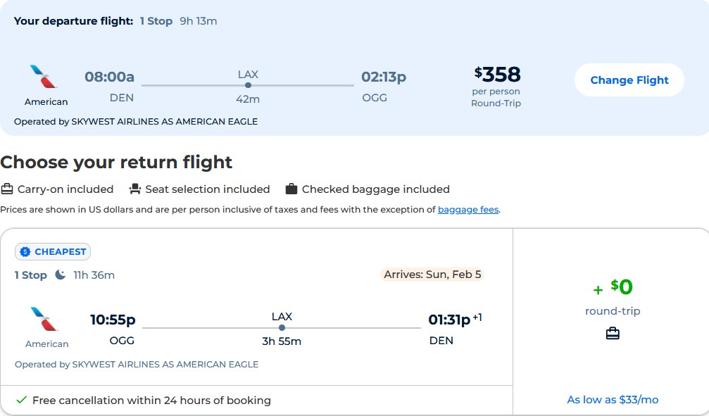 Cheap flights from Denver, Colorado to Kahului, Hawaii for only $358 roundtrip with American Airlines. Also works in reverse. Flight deal ticket image.