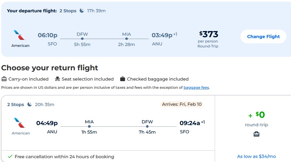 Cheap flights from San Francisco to Antigua and Barbuda for only $373 roundtrip with American Airlines. Flight deal ticket image.