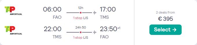 Click here to book this cheap flight deal. Cheap flights from Faro, Portugal to Sao Tome and Principe for only €395 roundtrip with TAP Air Portugal. Flight deal ticket image.