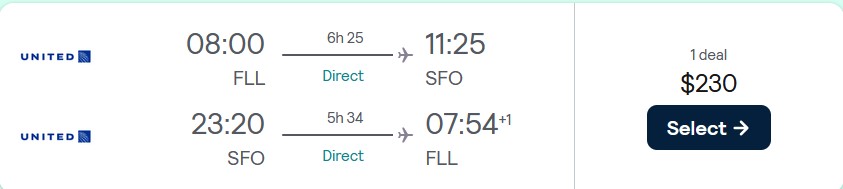 Cheap flights from Fort Lauderdale to San Francisco for only $230 roundtrip with United Airlines. Also works in reverse. Flight deal ticket image.