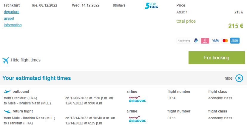 Non-stop, last minute flights from Frankfurt, Germany to the Maldives for only €215 roundtrip. Flight deal ticket image.