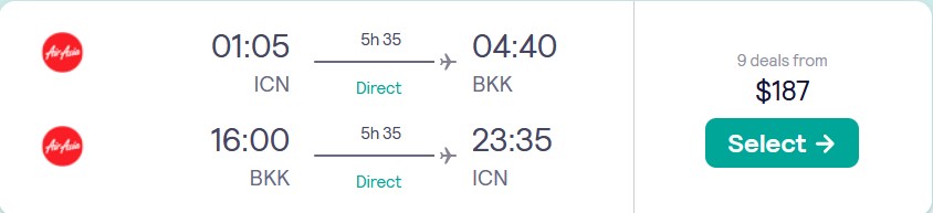 Non-stop flights from Seoul, South Korea to Bangkok, Thailand for only $187 USD roundtrip. Flight deal ticket image.