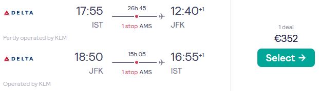 Cheap flights from Istanbul, Turkey to Eastern USA from only €352 roundtrip with British Airways and American Airlines. Flight deal ticket image.