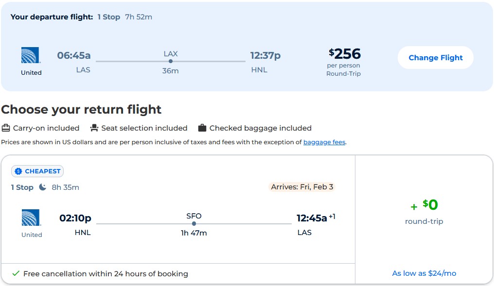 Cheap flights from Las Vegas to Honolulu, Hawaii for only $256 roundtrip with United Airlines. Also works in reverse. Flight deal ticket image.