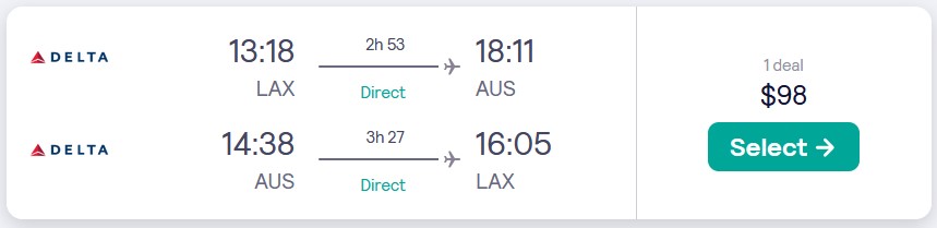 Click here to book this cheap flight deal. Non-stop flights from Los Angeles to Austin, Texas for only $98 roundtrip with Delta Air Lines. Also works in reverse. Flight deal ticket image.