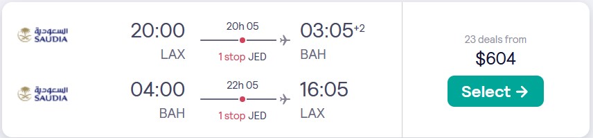 Click here to book this cheap flight deal. Cheap flights from Los Angeles to Bahrain for only $604 roundtrip. Flight deal ticket image.