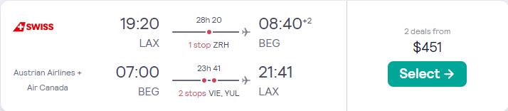 Cheap flights from Los Angeles to Belgrade, Serbia for only $451 roundtrip with Swiss International Air Lines, Austrian Airlines and Air Canada. Flight deal ticket image.