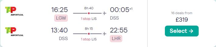 Cheap flights from London or Manchester, UK to Dakar, Senegal from only £319 roundtrip with TAP Air Portugal. Flight deal ticket image.