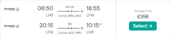 Cheap flights from UK cities to Togo from only £356 roundtrip with Brussels Airlines. Flight deal ticket image.