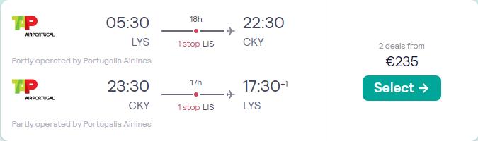 Cheap flights from Lyon, France to Conakry, Guinea for only €235 roundtrip with TAP Air Portugal. Flight deal ticket image.