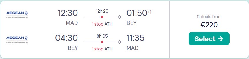 Cheap flights from Madrid, Spain to Beirut, Lebanon for only €220 roundtrip with Aegean Airlines. Flight deal ticket image.
