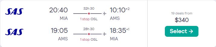 Cheap flights from Miami or New York to Amsterdam, Netherlands from only $340 roundtrip with Scandinavian Airlines. Flight deal ticket image.