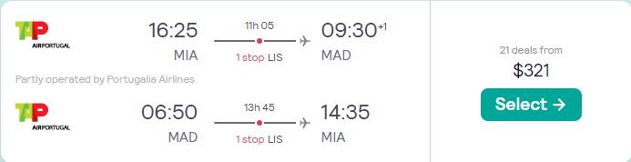 Cheap flights from Miami to Madrid or Malaga, Spain from only $321 roundtrip with TAP Air Portugal. Flight deal ticket image.