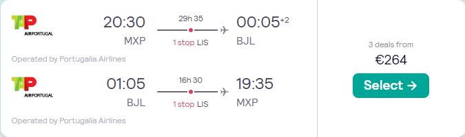 Cheap flights from Milan or Rome, Italy to Banjul, Gambia from only €264 roundtrip. Flight deal ticket image.