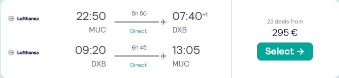 Non-stop flights from Munich, Germany to Dubai, UAE for only €295 roundtrip with Lufthansa. Flight deal ticket image.