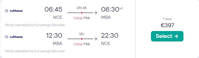 Cheap flights from Nice or Toulouse, France to Mombasa, Kenya for only €397 roundtrip with Lufthansa. Flight deal ticket image.