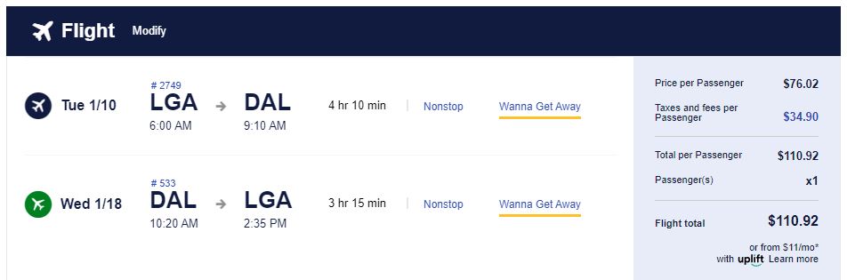 Non-stop flights from New York, USA to Dallas, USA for only $110 roundtrip. Flight deal ticket image.