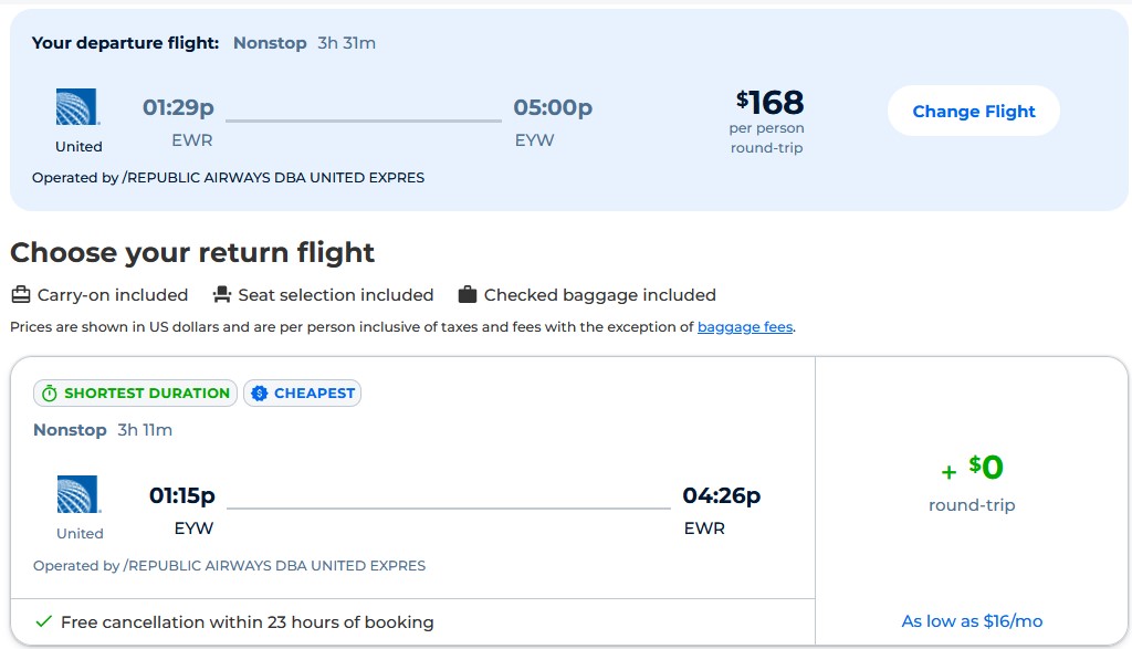 Non-stop flights from New York to Key West, Florida for only $168 roundtrip with United Airlines. Also works in reverse. Flight deal ticket image.