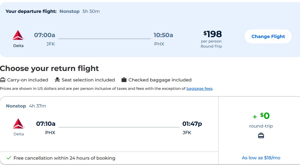 Cheap flights from New York to Phoenix, Arizona for only $198 roundtrip with Delta Air Lines. Also works in reverse. Flight deal ticket image.