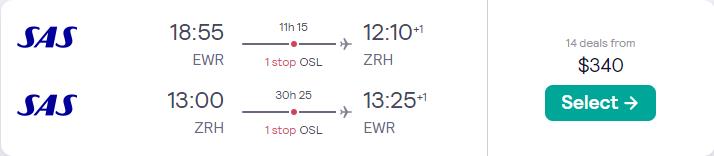 Cheap flights from New York to Zurich, Switzerland for just $340 round trip with Scandinavian Airlines.  Flight offer ticket image.